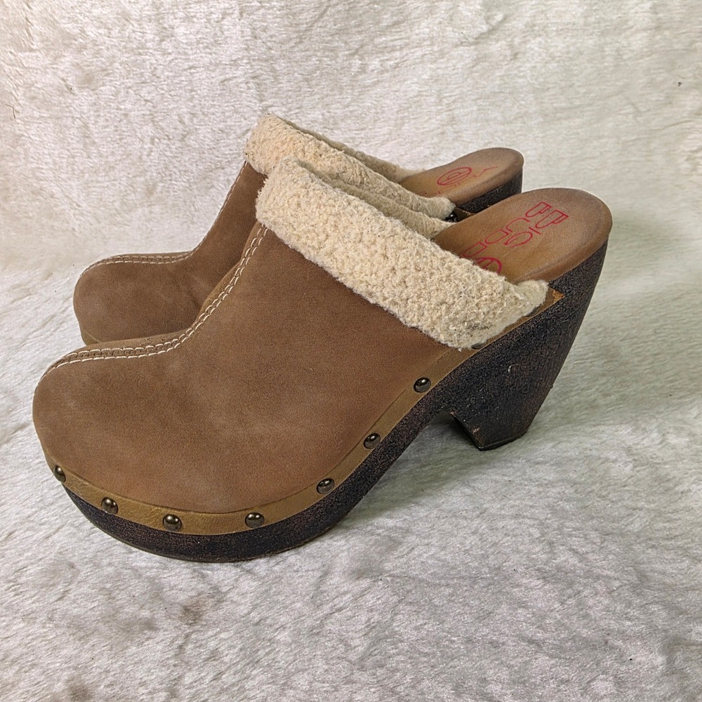 Big Buddha Clog Mules Brown Faux Suede Faux Fur Trim Studded Women 9M Excellent
